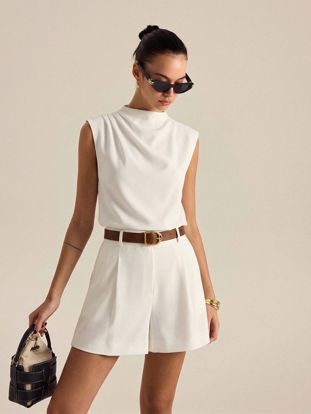 Commense White High-Waist Pleated Women's Shorts And Top Set